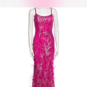 Portia and Scarlett Hot Pink Beaded Feather-Trim Slip Gown